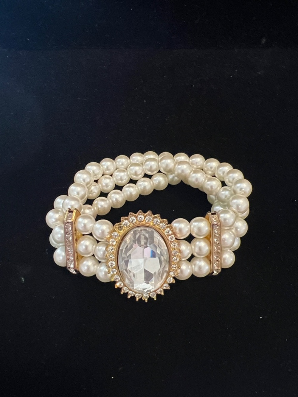 Pearl Multi-Strand Bracelet with Crystal Centerpiece - Gold Accents